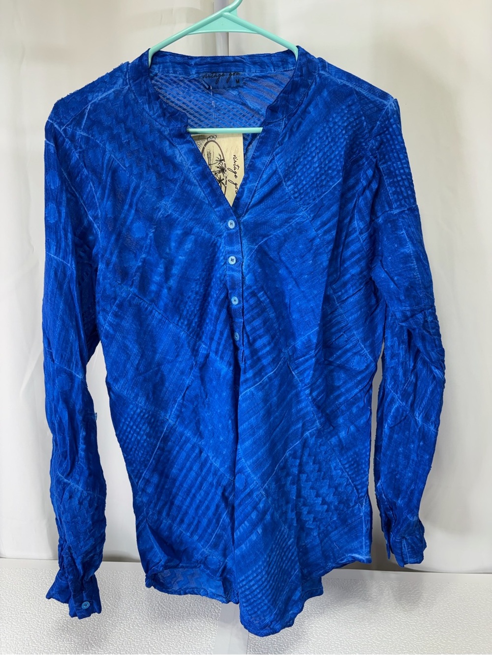 Textured Cobalt Blue Button-Up Blouse 3265